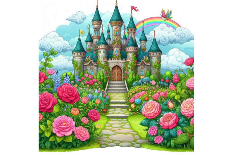 fantasy-garden-castle-with-many-flowers-roses-and-clouds