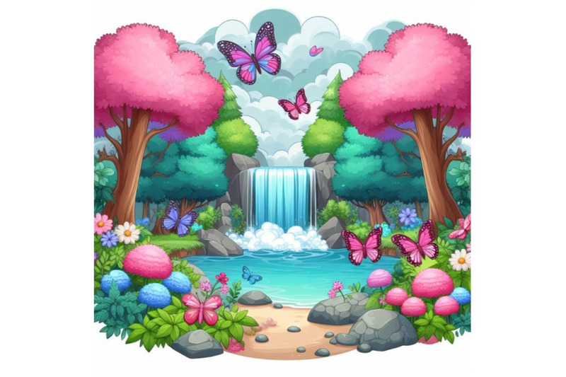 fairy-tale-forest-with-pink-purple-blue-butterfly-around-waterfall-a