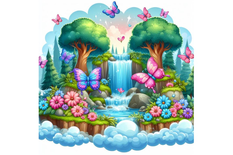 fairy-tale-forest-with-pink-purple-blue-butterfly-around-waterfall-a