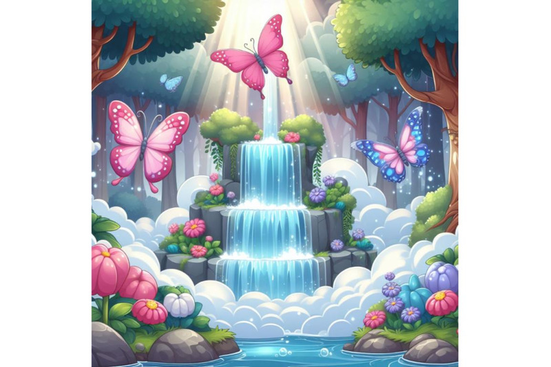 fairy-tale-forest-with-pink-purple-blue-butterfly-around-waterfall-a