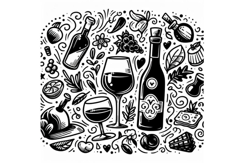 doodle-art-of-wine-bottle-and-glass-on-white-background