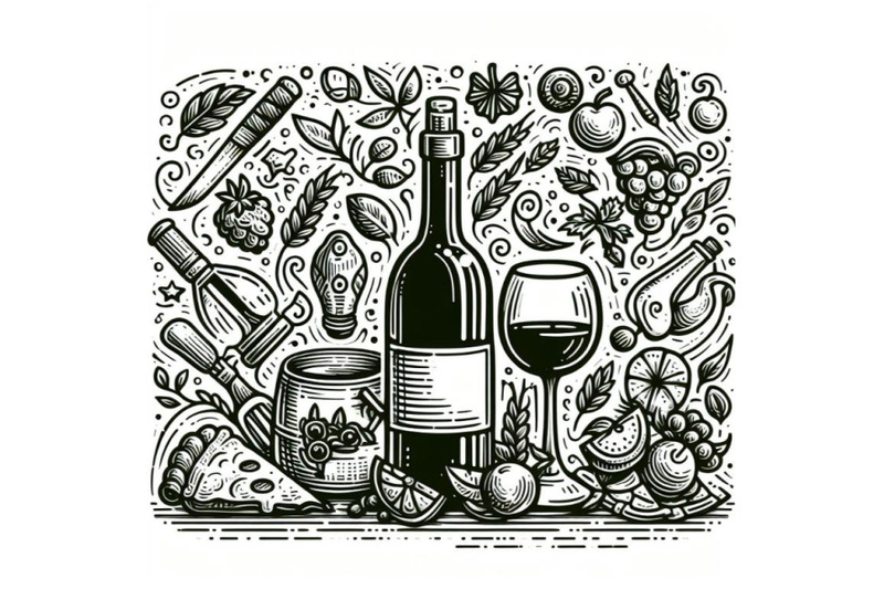 doodle-art-of-wine-bottle-and-glass-on-white-background