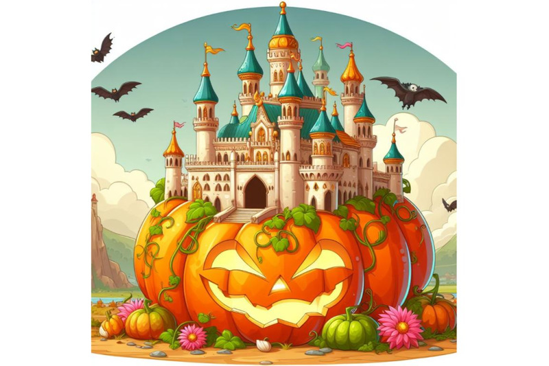 digital-illustration-of-a-palace-on-top-of-a-pumpkin