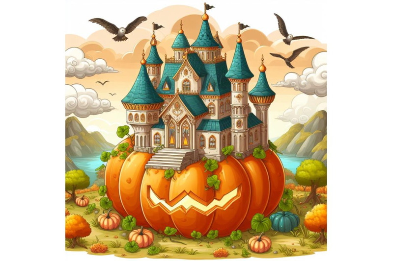 digital-illustration-of-a-palace-on-top-of-a-pumpkin