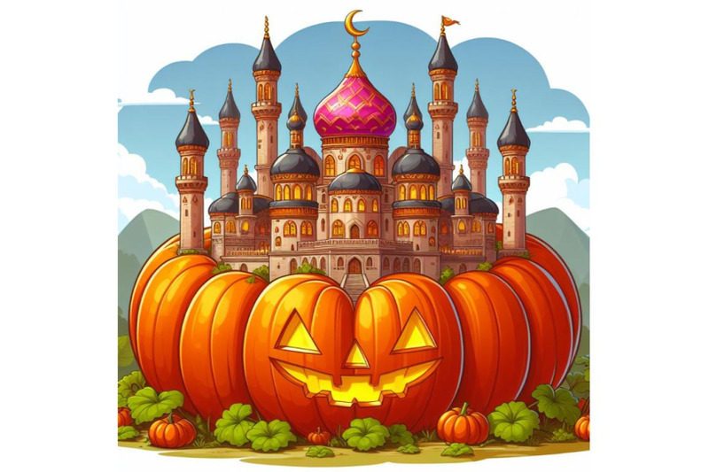 digital-illustration-of-a-palace-on-top-of-a-pumpkin