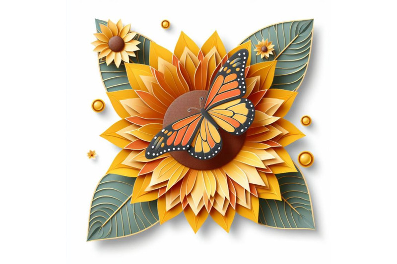 butterfly-on-sunflower-made-of-paper-abstract-art-on-white-background