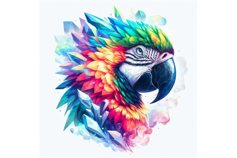 crystal-white-background-digital-art-rainbow-smoke-macaw-parrot