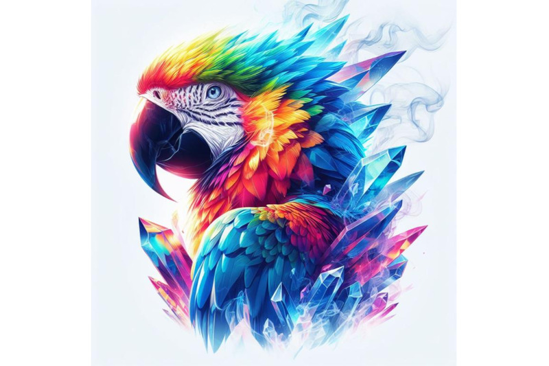 crystal-white-background-digital-art-rainbow-smoke-macaw-parrot