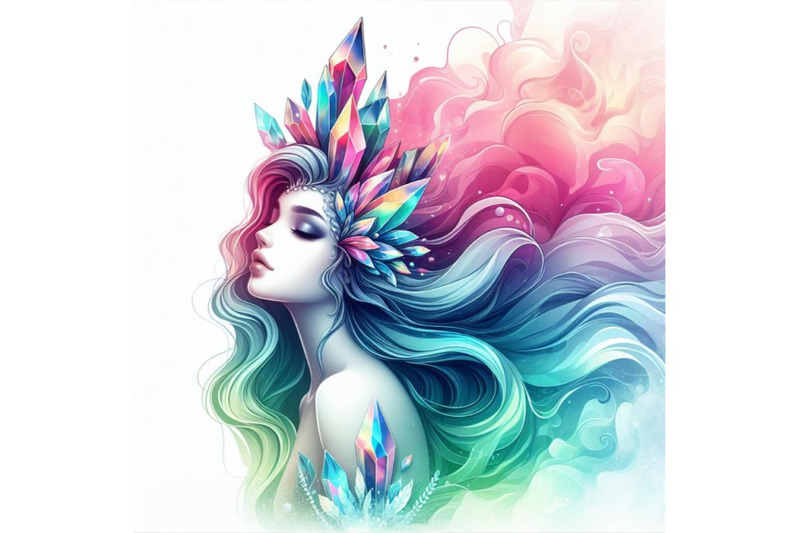 crystal-white-background-digital-art-rainbow-smoke-mermaid