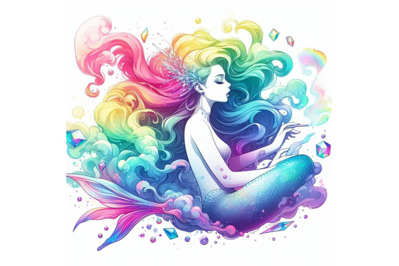 crystal-white-background-digital-art-rainbow-smoke-mermaid