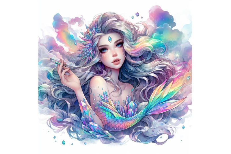 crystal-white-background-digital-art-rainbow-smoke-mermaid