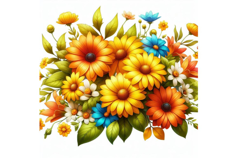 colorful-yellow-and-orange-digital-art-summer-flowers-on-white