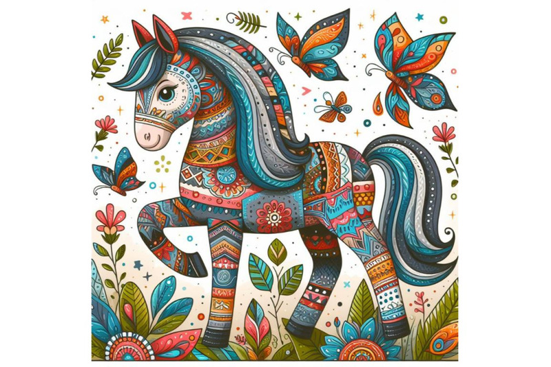 colorful-illustration-with-patterned-horse-and-butterflies
