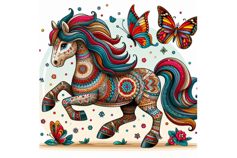 colorful-illustration-with-patterned-horse-and-butterflies