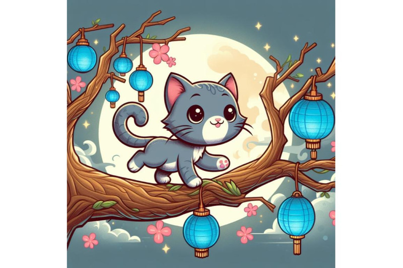 cat-walking-on-tree-branch-with-blue-lanterns