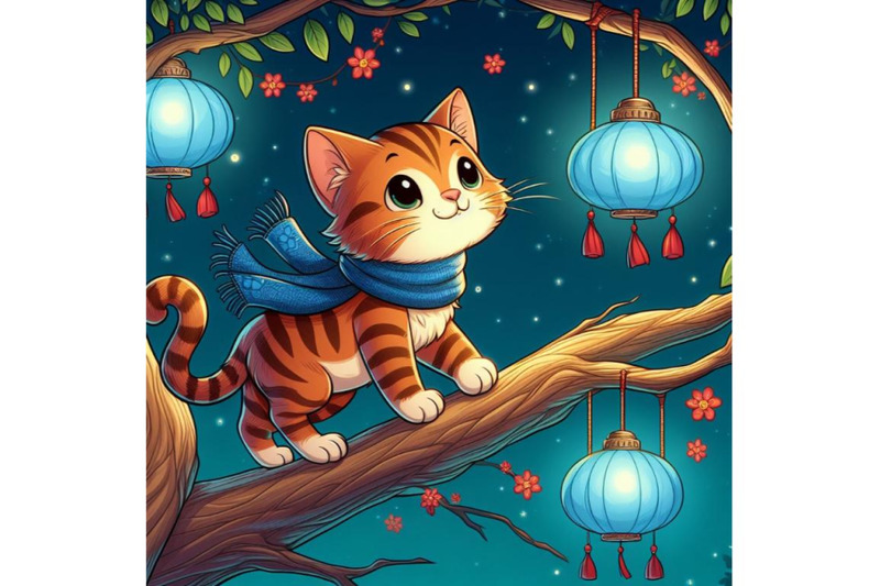 cat-walking-on-tree-branch-with-blue-lanterns