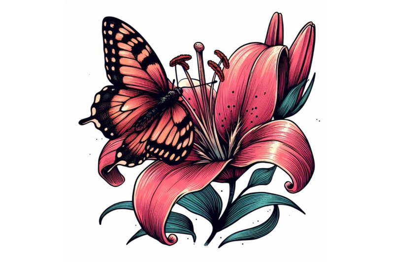 butterfly-on-lilly-hand-drawn-in-abstract-style-on-a-white-background