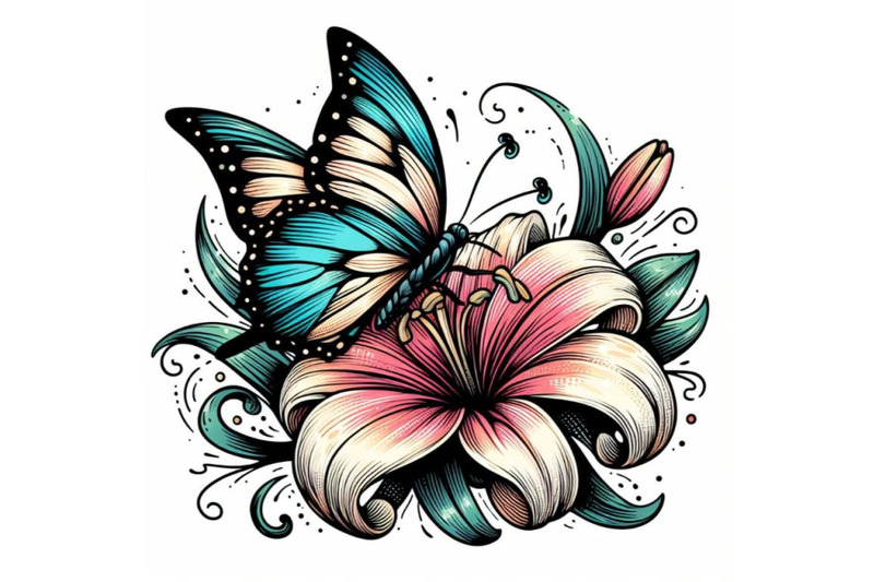 butterfly-on-lilly-hand-drawn-in-abstract-style-on-a-white-background