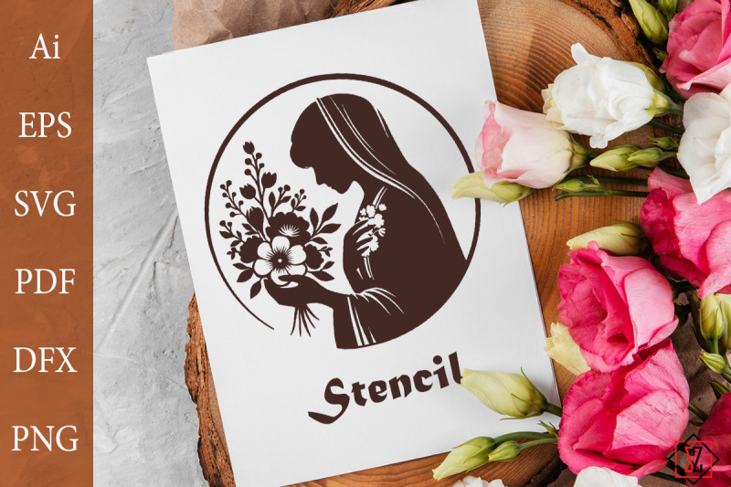 girl-in-a-cape-with-a-bouquet-of-flowers-stencil