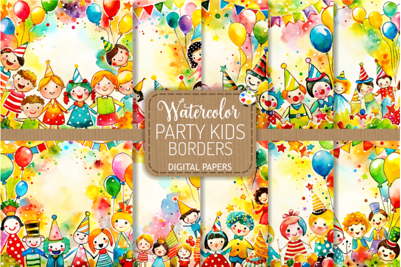 party-kids-celebrating-children-watercolor-borders