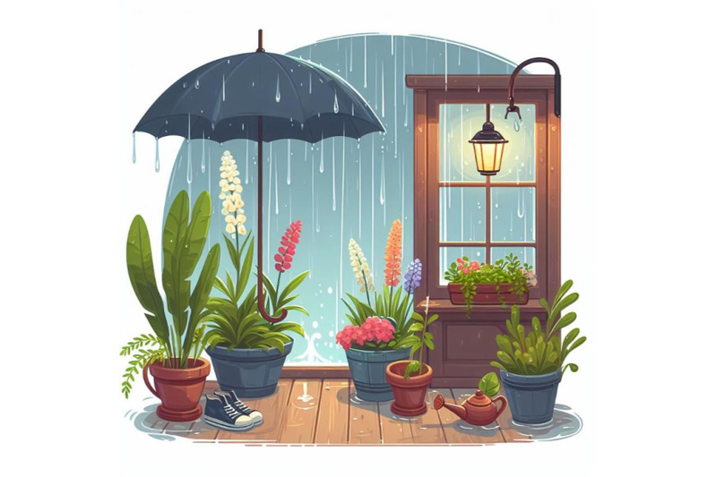 rainy-day-with-plant-vector-illustration-set