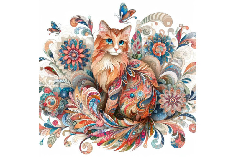 beautiful-decorative-cat-abstract-floral-set