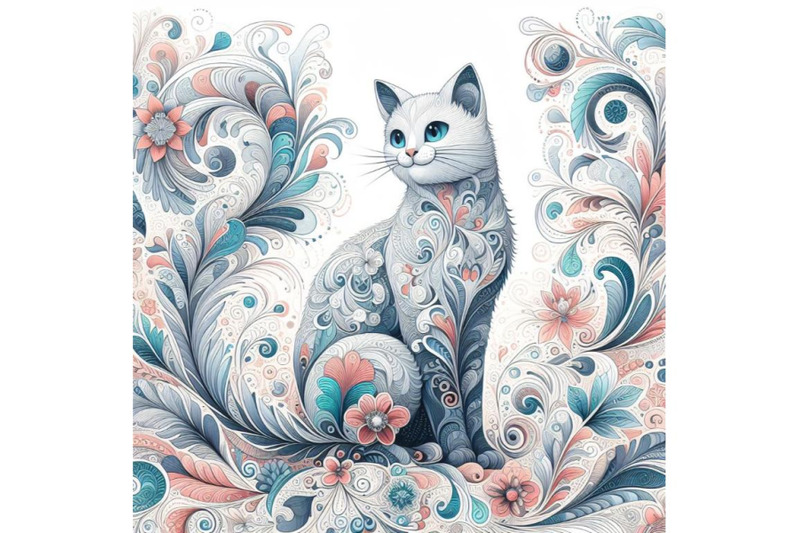 beautiful-decorative-cat-abstract-floral-set