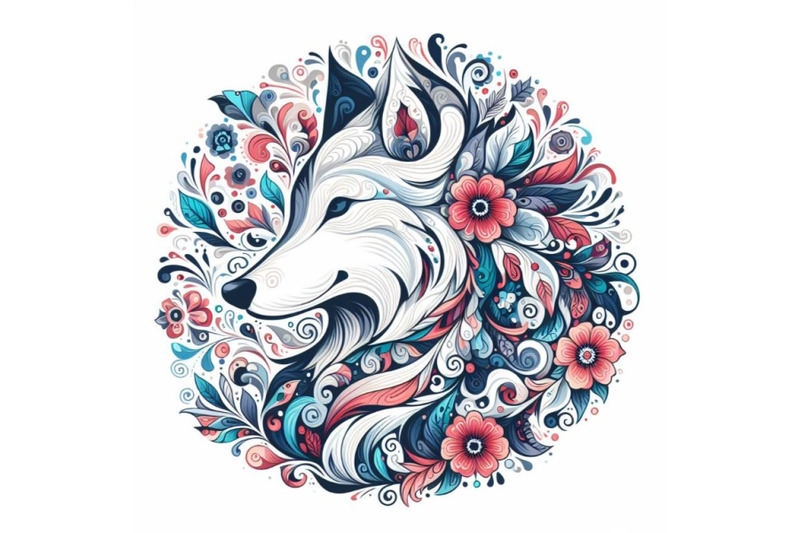 beautiful-decorative-wolf-abstract-floral-white-background