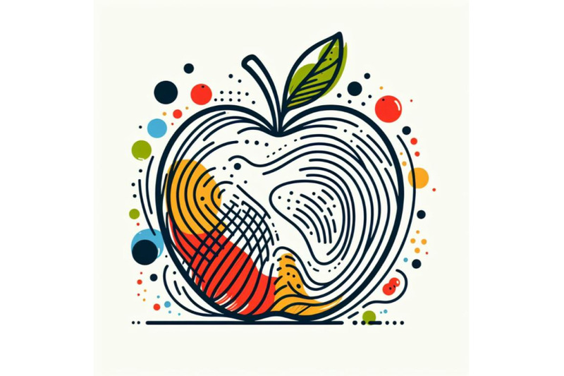 abstract-line-art-of-apple-with-color-splats-apple-contour-drawing