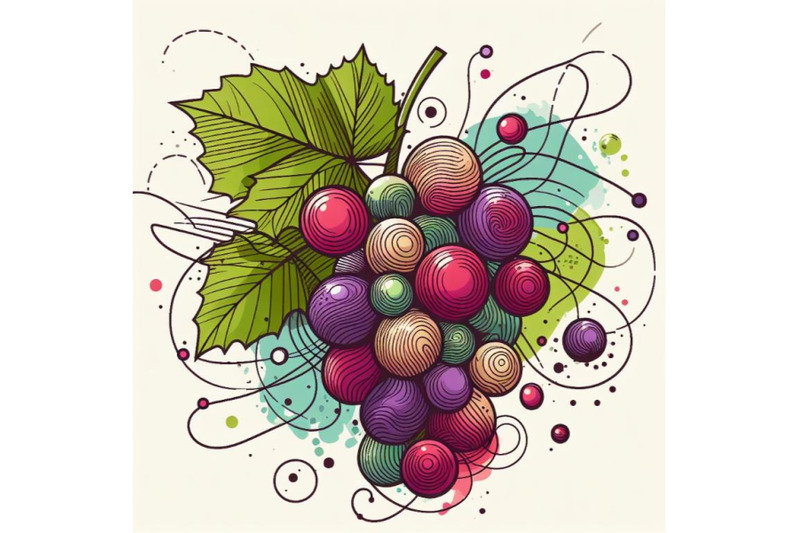 abstract-line-art-of-grapes-with-color-splats-grapes-contour-drawing