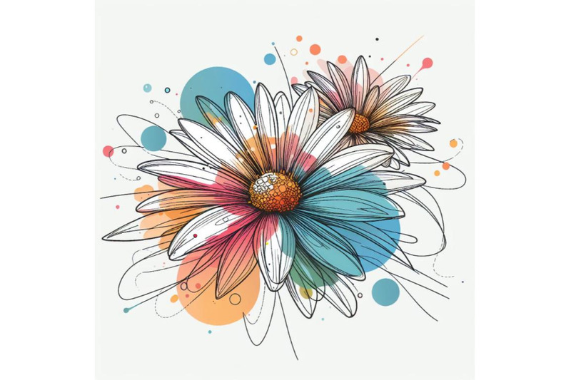 abstract-line-art-of-tropical-daisy-with-color-splats-daisy-contour-d