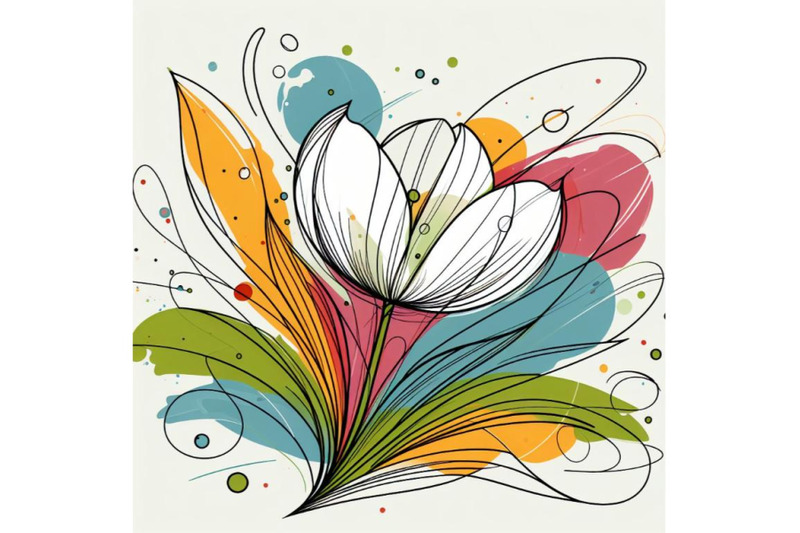 abstract-line-art-of-tulip-flower-with-color-splats-tulip-contour-dra