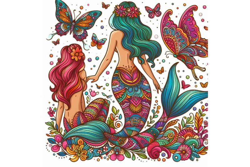 colorful-illustration-with-patterned-rear-mermaid-and-butterflies