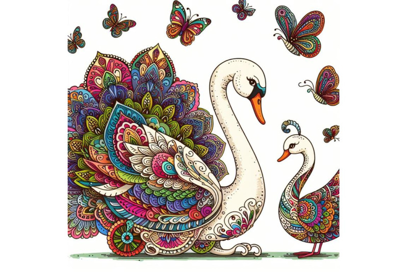 colorful-illustration-with-patterned-rear-swan-and-butterflies