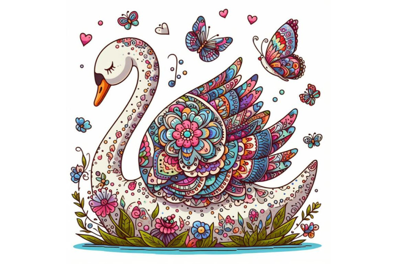 colorful-illustration-with-patterned-rear-swan-and-butterflies
