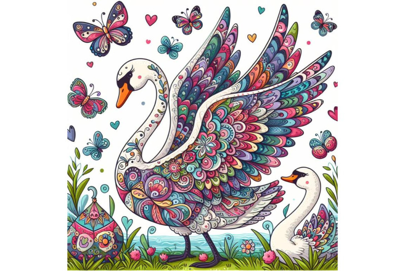 colorful-illustration-with-patterned-rear-swan-and-butterflies