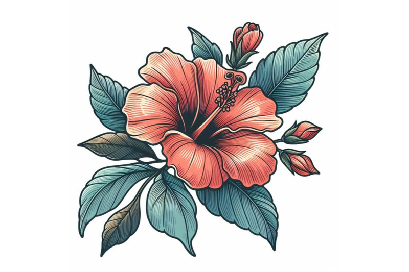 colorful-line-art-decoration-of-hibiscus-flower-with-leaves