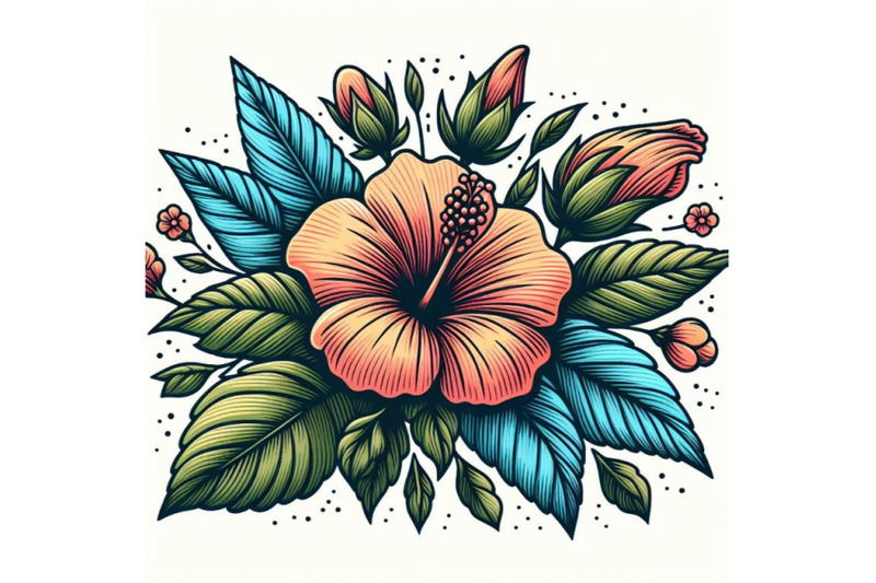 colorful-line-art-decoration-of-hibiscus-flower-with-leaves