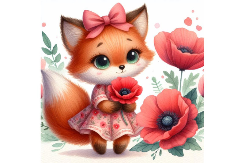 cute-fox-girl-holding-a-red-poppy-illustration-watercolor