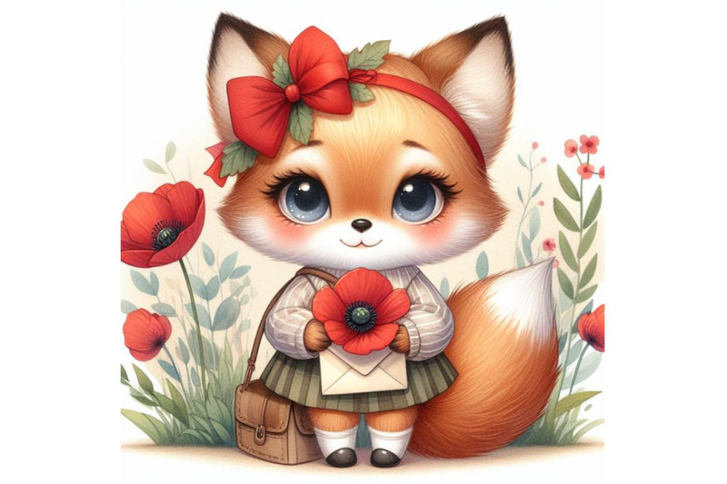 cute-fox-girl-holding-a-red-poppy-illustration-watercolor