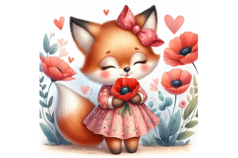 cute-fox-girl-holding-a-red-poppy-illustration-watercolor