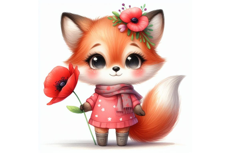 cute-fox-girl-holding-a-red-poppy-illustration-watercolor