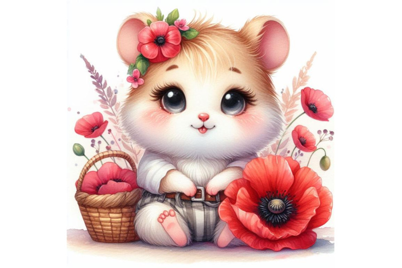 cute-hamster-girl-holding-a-red-poppy-illustration-watercolor