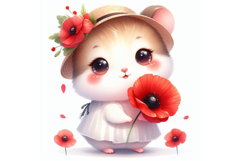 cute-hamster-girl-holding-a-red-poppy-illustration-watercolor