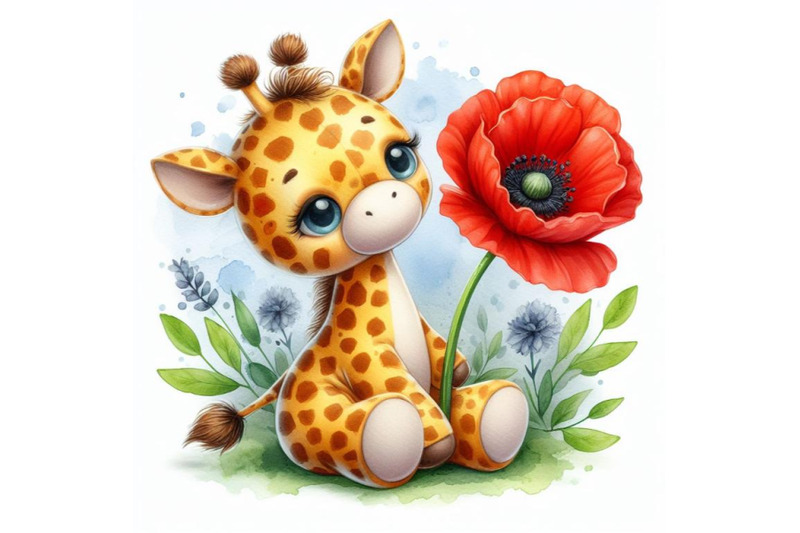 cute-teddy-giraffe-holding-a-red-poppy-illustration-watercolor