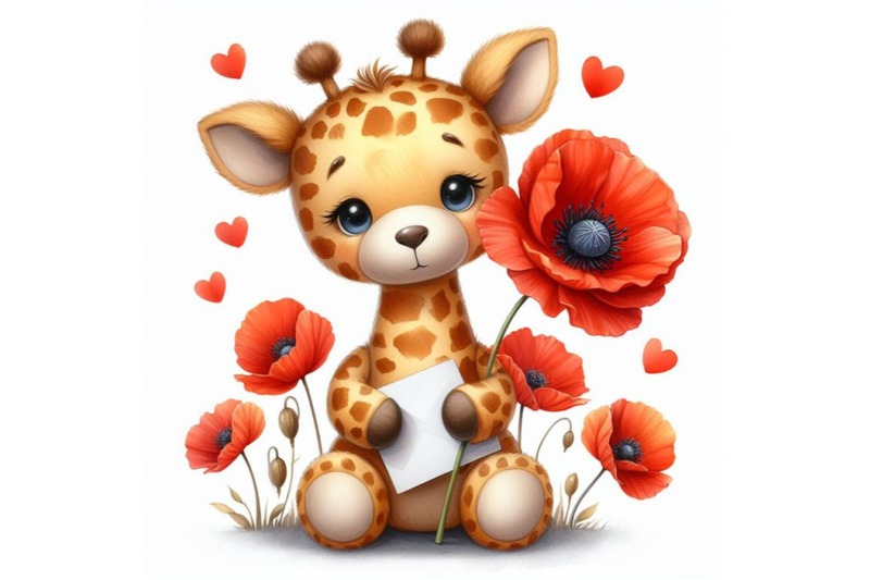 cute-teddy-giraffe-holding-a-red-poppy-illustration-watercolor