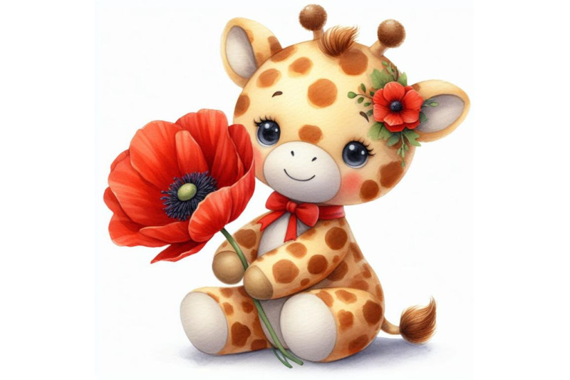 cute-teddy-giraffe-holding-a-red-poppy-illustration-watercolor