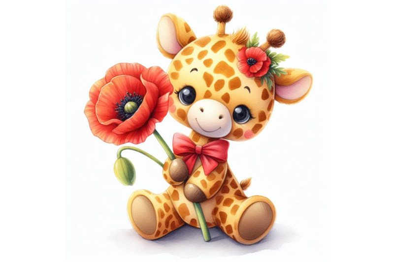 cute-teddy-giraffe-holding-a-red-poppy-illustration-watercolor