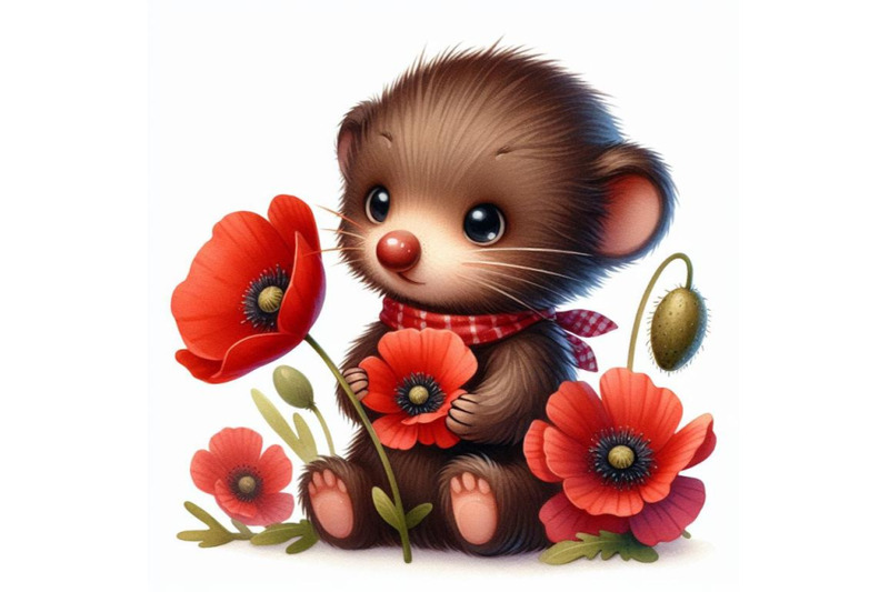 cute-teddy-mole-holding-a-red-poppy-illustration-watercolor