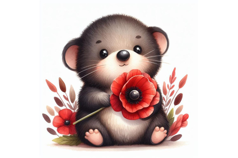 cute-teddy-mole-holding-a-red-poppy-illustration-watercolor